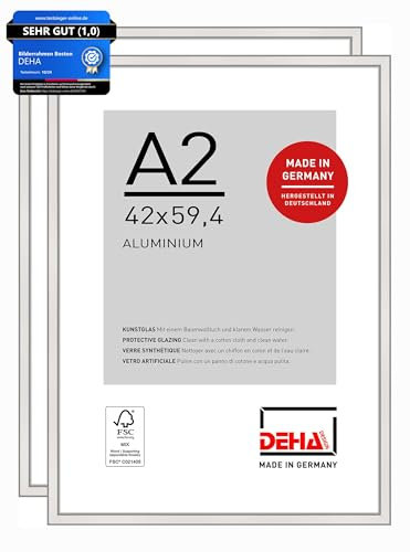 DEHA Design Bilderrahmen, 42 x 59,4 cm (A2) (2er Set), Aluminium, Silber glanz, Posterrahmen zum Aufhängen im Hoch- & Querformat, bruchsicheres Kunstglas, Boston