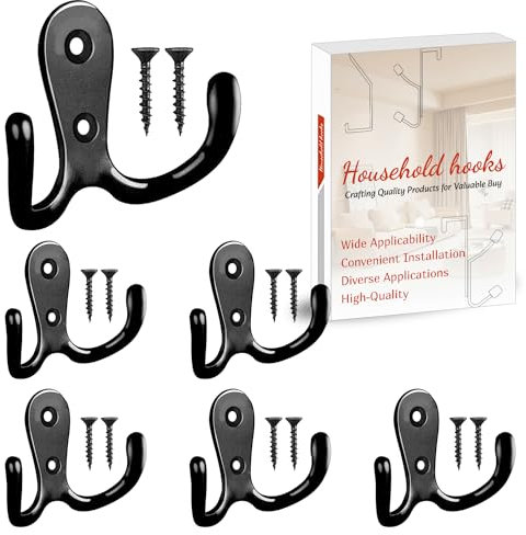 Vacallity 6Pcs Double Prong Robe Hooks with Screws Dual Retro Metal Coat Hooks Wall Mounted Hooks for Bathroom Bedroom Door Hanging Towel Clothes Bag Black