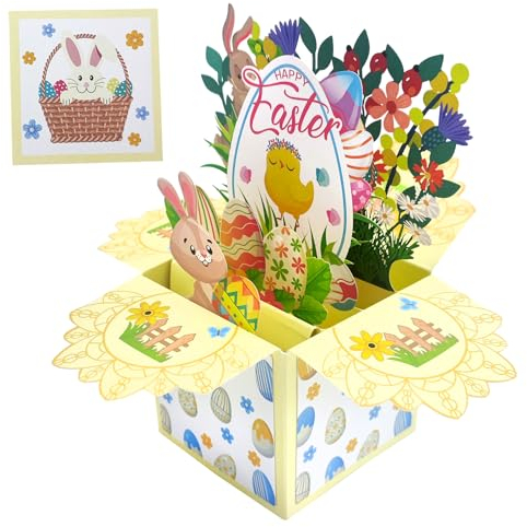 3D Osterkarte Pop up Karte, Osterkarte mit Umschlag Karte, Ostern Grußkarte Happy Easter mit Osterhasen Ostereier Blumen Ostern Geschenkkarte Ostergeschenke für Kinder, Familie und Freunde (A)
