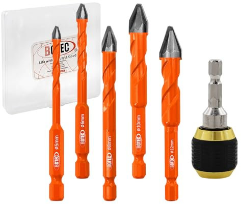 BGTEC Jeu de mèches excentriques Forets à tête inclinée de haute dureté 5 pièces Foret 5/6/8/10/12mm Mèche à pointe carbure mèche avec 1 adaptateur de mandrin pour bois,plastique,maçonnerie,carreaux