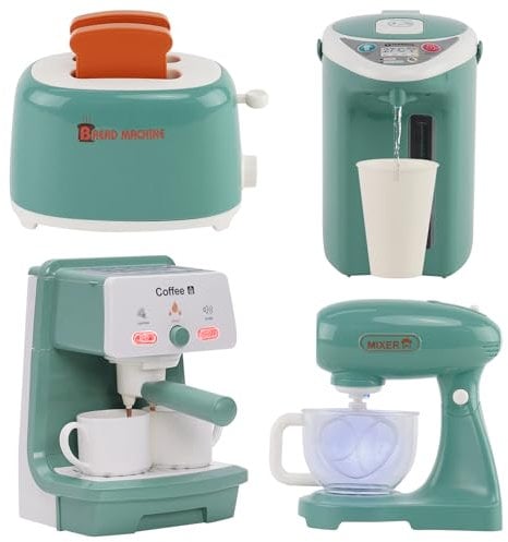 Toy Coffee Maker Set Pretend Play Kitchen Appliances Toy with Coffee Maker,Mixer,Toaster,Kettle Role Play Pretend Kitchen Accessories Set with Lights and Realistic Sounds for Kids Ages 3+ Green