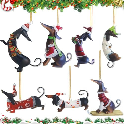 Dackel Weihnachtsbaumschmuck 7 Stück,Cute Acryl Dachshund Tannenbaumschmuck,WeihnachtsanhäNger Hund Flat Decorations,Christbaumschmuck Dackel,Auto Ornament Geschenke