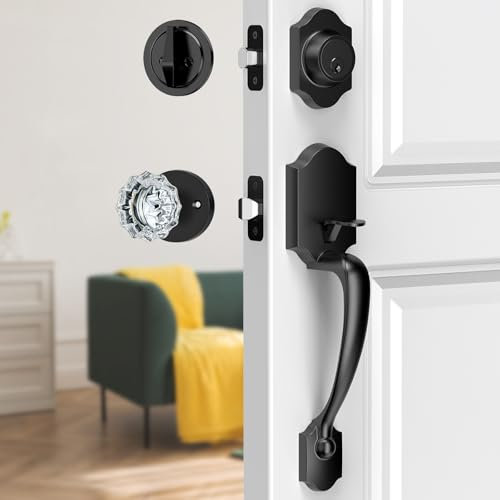 MAXECURITY Black Front Door Handle and Deadbolt Set, Classic Front Door Lock Set with Crystal Glass Door Knob, Reversible Entry Door Handle for Right&Left Handed, Matte Black
