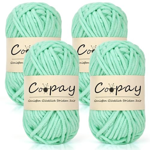 Coopay Chenille Chunky Wolle zum Häkeln Dickes Garn, 4 x 50g Dicke Wolle zum Stricken, Super Flauschig Weiches Wolle für Babydecke, Grobes Chenille-Garn für Hüte, Schals, Socken, Taschen - Mint