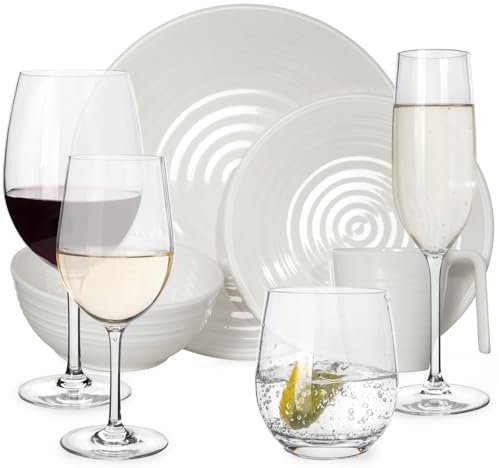Melamin Camping Geschirr Set 4 Personen Crema 16 Teilig + 16 Tiamo Gläser Wassergläser Weingläser Champagner-Gläser Flûtes Tafelgeschirr Picknick BBQ Kochgeschirr