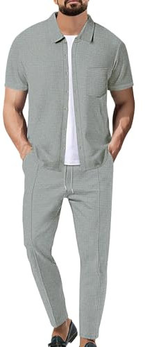 Coat Tie Men's Short Sleeve Plaid Shirt Long Pants Set Men's Casual Set Shirt and Pants Set Mens Yoga Suit (Grey, L)