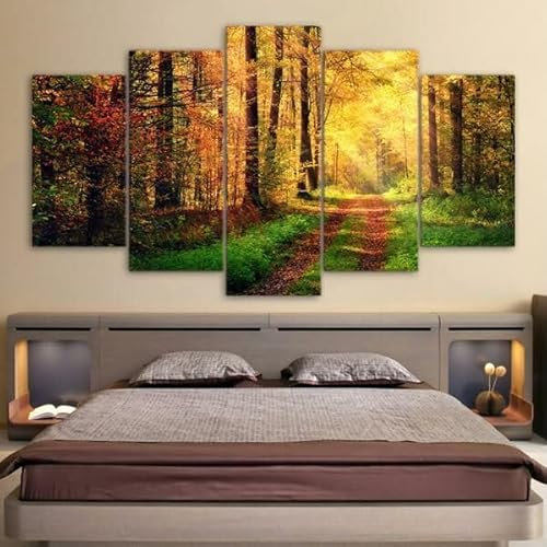 FatAco 5 Paneele Leinwand mit Rahmen Sonnenschein Herbst Gelb Wald Bild Kunstdruck Leinwand Gemälde Wandmalerei Home Office Wohnzimmer Schlafzimmer Dekoration Ready to Hang