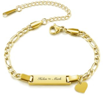 AllerPierce Personalised Bracelet for Women Girls Custom Gold Stainless Steel Name ID Bar Bracelet Heart Friendship Bracelet Personalised Gifts for Women Mum Girlfriend Friends Birthday Christmas