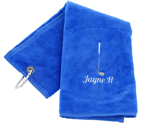 Personalised Embroidered Golf Towel with Any Name Any Font Luxury Velour 50cm x 40cm Custom Embroidered Golf Towel with Carabiner Clip Gift- Golf Gifts for men and women (Royal Blue)