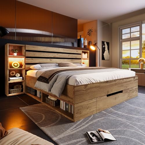 ANIROY Doppelbett Massivholzbett 180x200cm, Stauraumbett Bettanlage mit LED & USB C & Schubladen, Stauraum-Kopfteil Bettgestell aus Holz mit Lattenrost, Eiche B