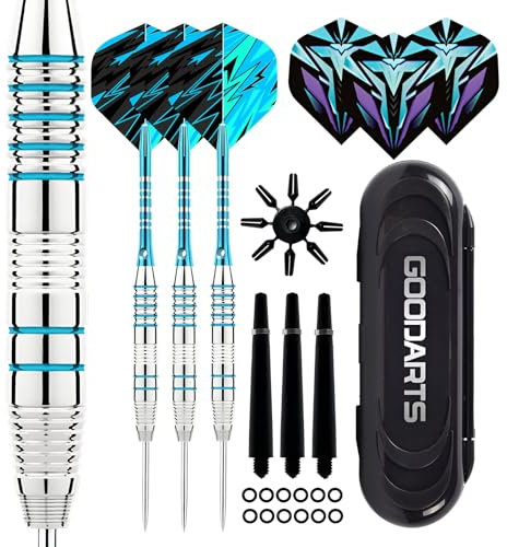 Qixuer Dart Set, Dart Arrows 22 g, Professional Steel Tip Darts Metal Tip Set with Extra 3 Flying Escort Wings+3 Frosted Spare Pole+Flight Protector+Anti Slip Ring