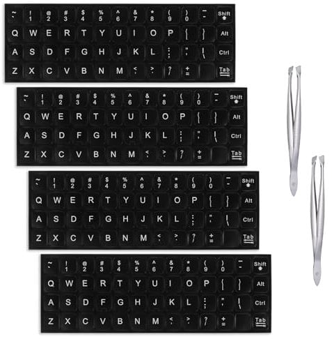 English Keyboard Stickers, 4Pcs Universal Laptop Keyboard Stickers Keyboards Letter Replacement Sticker Matte Black Background and White Lettering Sticker with 2 Tweezers for Computer Laptop Desktop