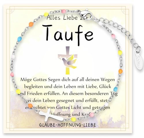 PDTU Taufgeschenke für Mädchen, Kreuz Armband mit Bunte Perlen Geschenk zur Taufe für Mädchen, Geschenke für Tochter Nichte Enkelin von Eltern Paten Großeltern mit Taufe Karte