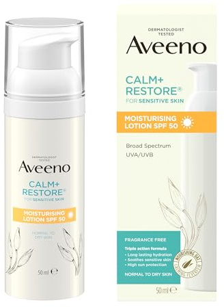 Aveeno Face CALM+ Restore Moisturising Lotion SPF 50 (1 x 50ml) | Soothes Normal to Dry Sensitive Skin, Deep Hydration and High Sun Protection, Protects Against UVA & UVB Rays, For Daily Use