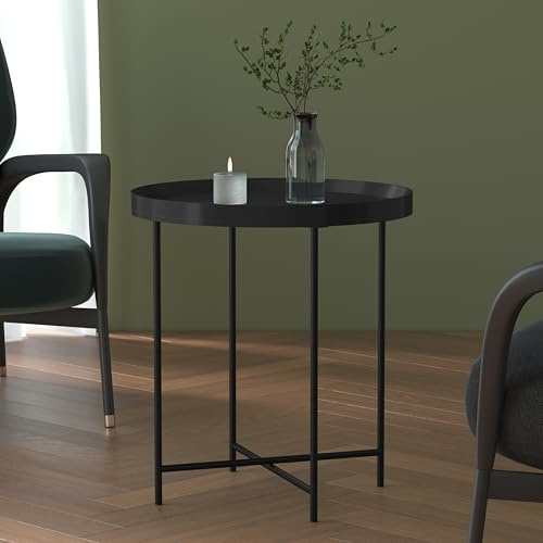 Aviina Round Side Table Living Room with Smooth Lacquered Finish, Small Coffee Table with Large 50cm Top, Sofa End Tables, Black Bed Side Table for Bedroom