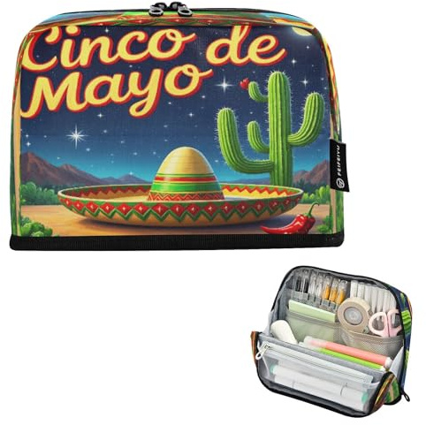 Nexawaveo Federmäppchen mit großem Fassungsvermögen, 21,1 x 15 cm, Cinco De Mayo Sombrero Kaktus, Stifteetui für Schule, Büro, Reisen