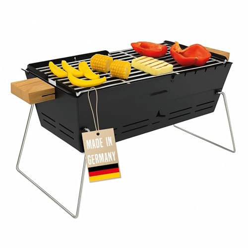 Mobiler Holzkohlegrill BBQ-Gril aus Edelstahl; Tragbarer Camping Grill & Feuerschale für 2–5 Personen; MADE IN GERMANY; inkl. 2 Roste für Fleisch & Gemüse; für Balkon Festival Garten Outdoor