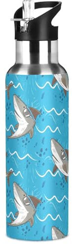 Sevdomey Bouteille d'eau isotherme en acier inoxydable avec couvercle à paille pour sport, cyclisme, randonnée, gym, école, maison - Motif requins de dessin animé