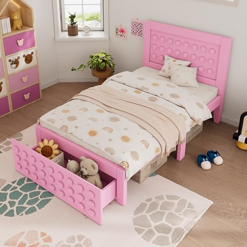 RIAZOS Kinderbett Einzelbett 90x200 cm, Holzbett mit Schublade & Unterm Bett Stauraum, Kopfteil mit Kreativem Block Design, Massivholz Bettgestell mit Lattenrost, Jugendbett, Rosa, Ohne Matratze