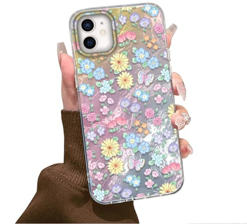 Tedyhulle für iPhone 12 / iPhone 12 Pro Hülle Mit Bunte Blume Muster | Niedlich Design Mädchen Geschenk Schutzhülle, Weich Silikon TPU Bumper Harter PC-Rückseite Dünne Stoßfeste Handyhülle 6,1