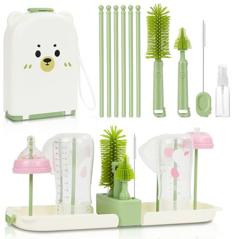Vicloon 7 in 1 Set di spazzole per biberon, Kit da Viaggio per la Pulizia del Biberon con Spazzola in Silicone per Biberon/Tettarella/Cannuccia, Dispenser di Sapone e Stendibiancheria(Verde)
