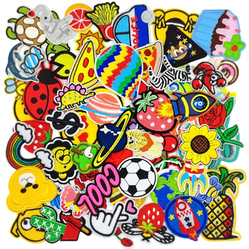 65 PCS Random Assorted Styles Iron on Patches Funny Embroidered Sew on Patches Applique for Shirts Backpacks DIY Decoration Jackets Vests Uniforms Pants Clothes Coat Bags