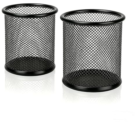 MeiLang Metal Mesh Pen Pot 2 Pack, Round Desk Organiser Black | Durable, Rust-Resistant, Non-Slip Base, Space-Saving, Versatile Storage for Office Home School