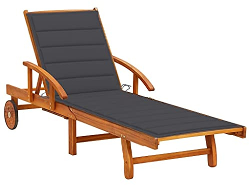 QUAHEAS Sonnenliege Akazie Massivholz, Verstellbare Rückenlehne, Ausziehbarer Tisch, Anthrazit Auflage, 2 Räder, Gartenliege Outdoor, Pool Lounge Chair