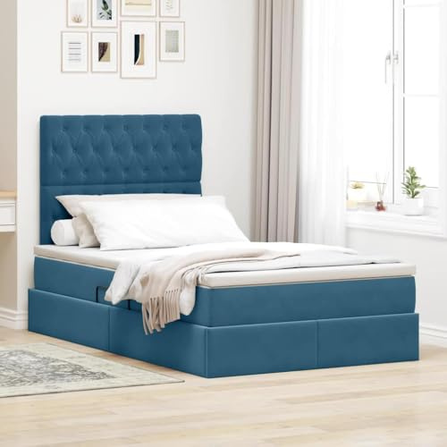 Qnhdfrt Samt Boxspringbett 120x200 cm mit LED & Stauraum, Dunkelblau, Metall Bettrahmen mit Hydraulik-Lift, Modernes Design für Schlafzimmer Jugendzimmer
