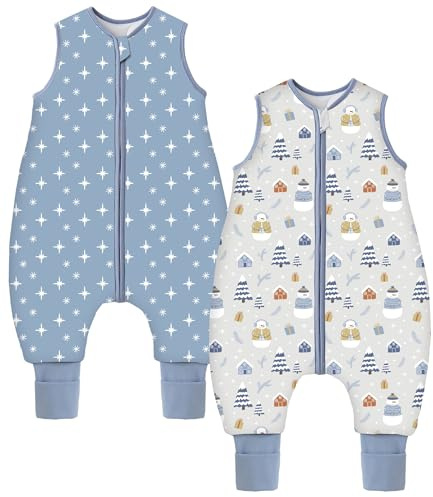 Teechodina Baby Schlafsack mit Füßen 2er Pack 2.5 Tog Kinder Winter Schlafsack mit Beinen für Jungen und Mädchen, 2.5 Tog/Schneemann + Sterne, 70cm/Baby Höhe 80-90cm