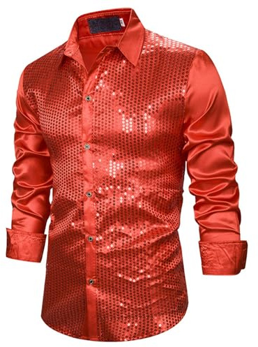 Sparkly Shirt Men Shiny Satin Sequins Button Up Dress Shirts Long Sleeve Slim Fit Button Down Shirts 70s Disco Glitter Hot Stamped Dance Top for Retro Party Club Night Out