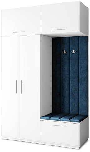 Masseno Flugarderoben Set Rema, Kleiderschrank-Set mit Sitzbank, Garderobenschrank Flur mit 5 Regalböden, Weiß