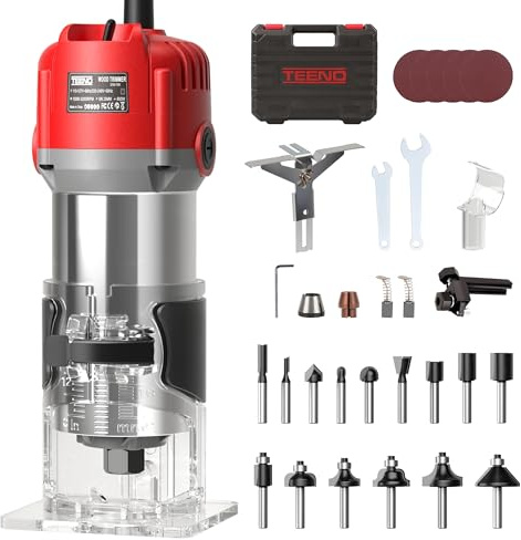 TEENO Rifilatore Fresatrice Verticale per Legno 800W 15000-32000 RPM, 6 Velocità Variabili Legno Rifilatrice Elettrica,32 Accessori,15 pezzi 1/4 Fresatura Cuter, Mandrino 6/6.35,SCATOLA DI PLASTICA