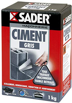 Sader - Ciment Gris - Tous Travaux Maçonnerie - Intérieur / Extérieur - Scellement, Rebouchage, Enduction et Jointement - Prise 6 H - Faible Retrait - 1 Boîte Carton 1 kg