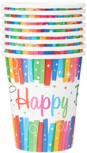 Unique Party- Vasos de Papel Fiesta de Cumpleaños de Franja, 8 Unidades, Multicolor, 266 cm (49566) , color/modelo surtido