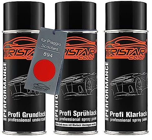 TRISTARcolor Motorradlack Spraydosen Set für Piaggio Scooters 894 Rosso Dragon Grundlack Basislack Klarlack Sprühdose 400ml