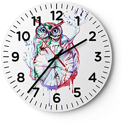 Modern Wanduhr Eule intelligent Geschöpf Kinder 40x40cm Rund Groß Wand Uhr Glas Analog Zimmeruhren Küche Büro Wohnzimmer Glasuhr Wall Clock Dekoration Design Wanddekoration Küchenuhr C4AR40x40-2984