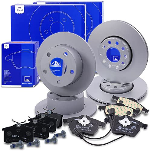 ATE Bremsenset inkl. Bremsscheiben vorne Ø 288 mm belüftet + hinten Ø 245 mm voll und Bremsbeläge vorne + hinten und Verschleißkontakt Kompatibel mit SKODA SUPERB 1 (3U4), VW PASSAT B5