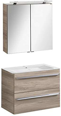 FACKELMANN hellbraunes Badmöbel Set 3-tlg. Luxor hängend Waschbecken 80 cm & LED Spiegelschrank
