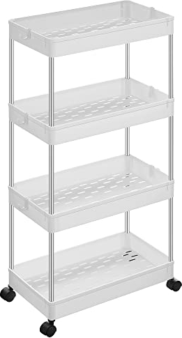 SONGMICS Rollwagen, Küchenwagen mit 4 Ebenen, Küchenregal, Nischenregal, mit 6 Haken, 360° drehbare Räder, Stahlgestell, Bad, Küche, Büro, weiß KSC10WT