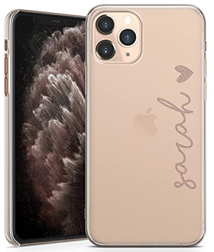 TULLUN Personalised Phone Case for iPhone 11 Pro Max - Clear Hard Plastic Custom Cover Name & Heart Text Individual Style Your Initials Name Text - Rose Gold Name & Heart