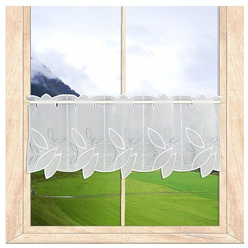atelier alles-Spitze Stickerei-Scheibengardine Darlen | Modern bestickte Scheibengardine mit Blättermotiven in weißen und sibergrau | Höhe x Breite: 30 x 64 cm