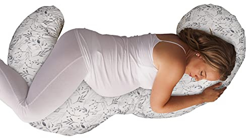 Boppy Total Body Pregnancy Pillow, Gray Scattered Leaves, Supportive Pregnancy Body Pillow for Versatile Full Body Use, Contoured Shape at All Stages
