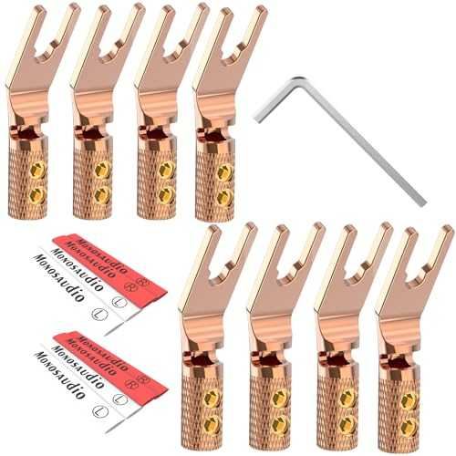 Monosaudio Gabel Klemmen 8 Stück Kabelschuhe Y Flachstecker Schraubverriegelung Reines Kupfer U Stecker mit Inbusschlüssel Gabel Spatenverbinder für Lautsprecherkabel bis 4,5mm