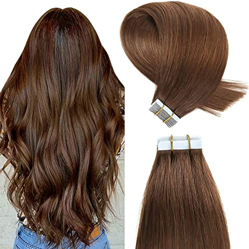 YILITE Tape Extensions Echthaar, Mittel braun 40cm 20 Stück/Packung 40g Tape in Extensions Echthaar Invisible Seidig Gerade Skin Weft Tape Ins Natürlich Erweiterungen (40cm #4 Mittel braun)