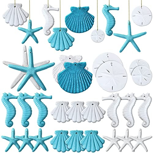 26 Stück 5 Arten Harz Seestern Sortiert Finger Sand Dollar Seepferdchen Muscheln Ozean Themed hängende Ornamente mit Seil für Hochzeit Party Dekor Weihnachtsbaum DIY Handwerk Hängende