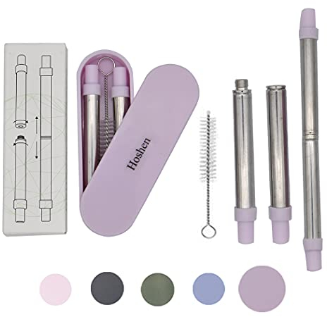 Hoshen Kit de paille télescopique portable 2-en-1 en acier inoxydable - détachable et réutilisable avec étui et brosse de nettoyage (rose foncé)