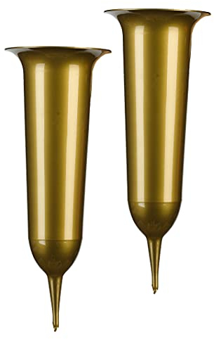 Tymar Grabvase, 2er-Pack, Friedhofsvase mit Erdspieß, Grabschmuck, Vase für Grab, Kunststoff (Gold, ø 13,5 cm)