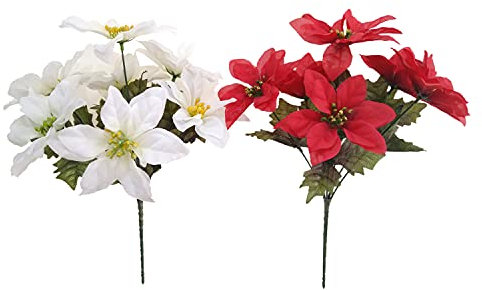 Künstliche Weihnachtssterne aus Seide, 2 Sträuße, Weiß und Rot