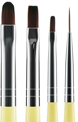 Beaute Galleria 4 Pieces Unique Nail Art Brush Set (Pro Flat, Carved, Detailer, and Round) for Thin Fine Line, Detailer, Outline, Smooth, Striping, Color Block, One Stroke